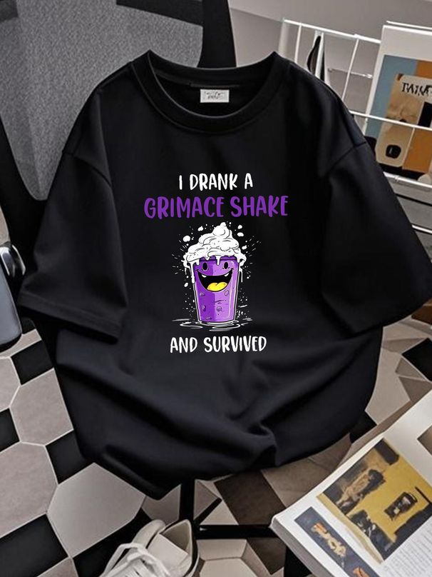 I Drank A Grimace Shake And Survived Black T-Shirt Summer Comfortable Designer Clothes Graphic Top For Everyday Wear Stylish Homme Versatile Soft_viptrois.com