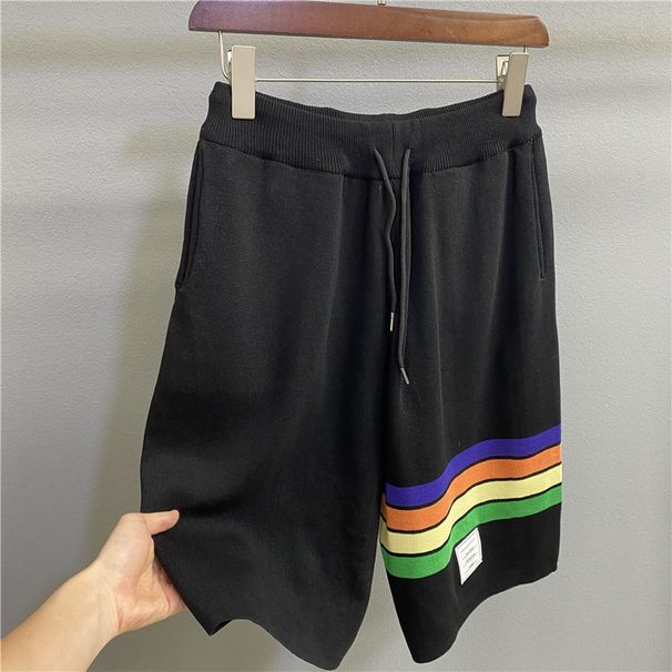 Trendy Knitted Men's Loose-fitting Black Sports Casual Couple's Mid-length Pants With Stripes, Versatile And In College_viptrois.com