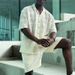 Men's Spring/Summer Openwork Design Collared Button Shirt Loose Casual Shorts Suit_viptrois.com