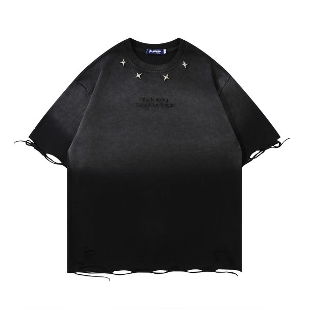 Unisex Hip Hop Washed Distressed T-Shirt - Oversized Streetwear Tee With Gradient Print & Raw Hem (S-XXL)_viptrois.com