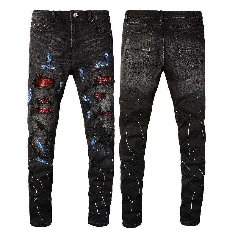 Men's Clothing European And American Personality High Street Fashion Men's Beggar Hole Patch Hot Diamond Patch Graffiti Slim Fit Denim Jeans 8616_viptrois.com