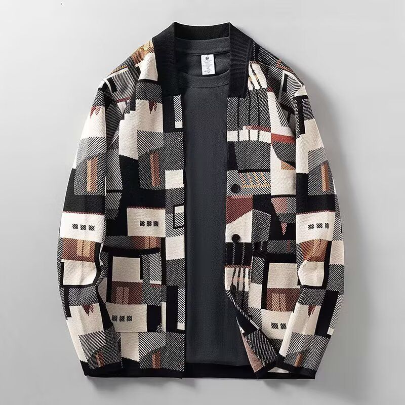 Retro Contrast-Color Stand Collar Knit Cardigan – Jacquard Pattern Men’s Sweater (Polyester, Machine Washable, Wrinkle-Free, )_viptrois.com