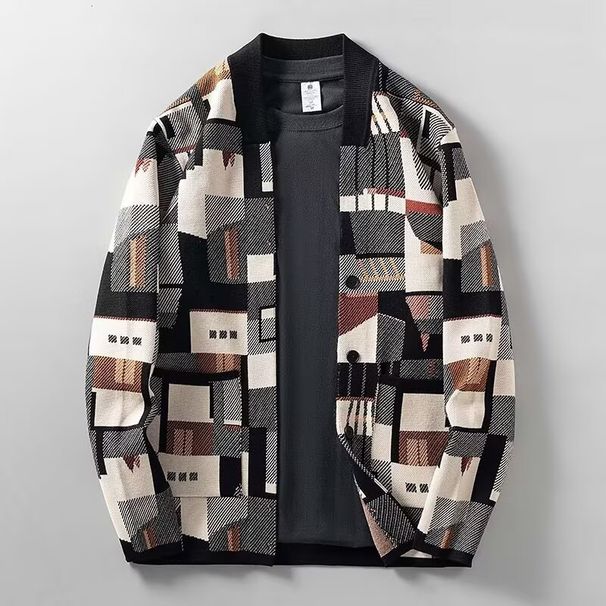 Retro Contrast-Color Stand Collar Knit Cardigan – Jacquard Pattern Men’s Sweater (Polyester, Machine Washable, Wrinkle-Free, )_viptrois.com
