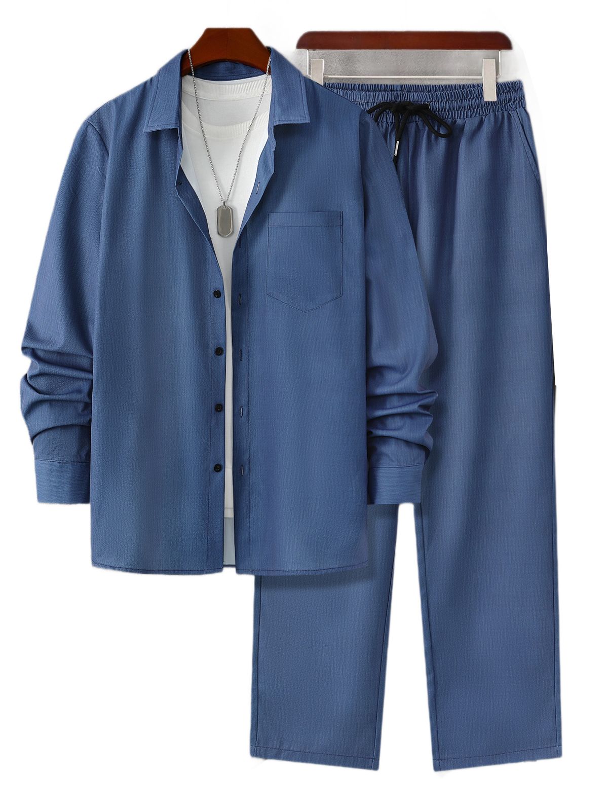 Men's Light Business Casual Suit Short Sleeve Shirt And Trousers Two Piece Set Trendy Stand Collar Drawstring Design Solid Color Subtle Luxury Look_viptrois.com