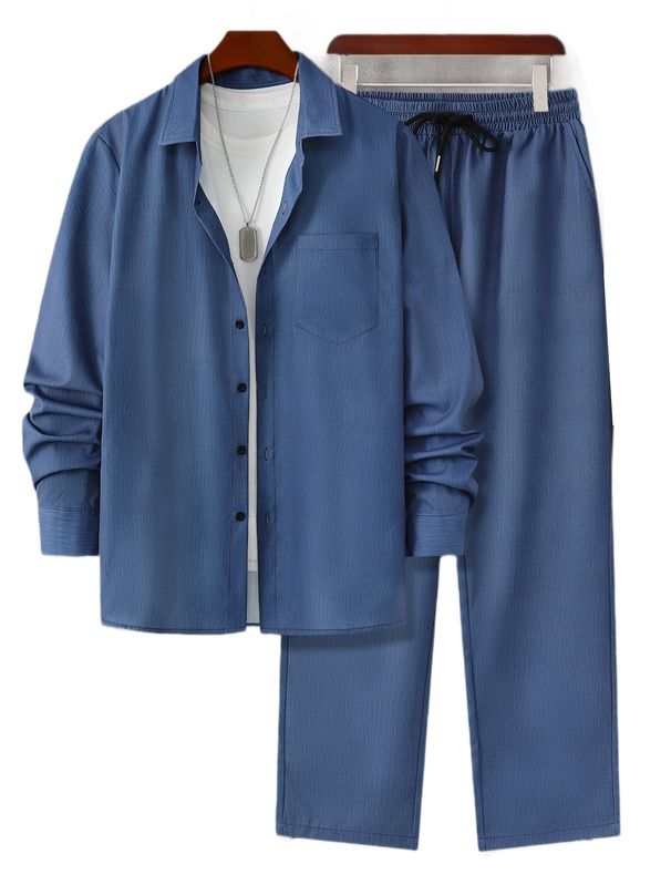 Men's Light Business Casual Suit Short Sleeve Shirt And Trousers Two Piece Set Trendy Stand Collar Drawstring Design Solid Color Subtle Luxury Look_viptrois.com