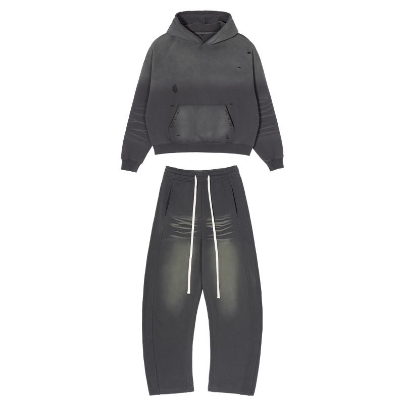 Men's Retro Loose Fit Hoodie & Jogger Set - Fleece-Lined Streetwear With Cat Whisker Design, Winter Casual Outfit For Urban Style (Grey/Black, S-XXL_viptrois.com