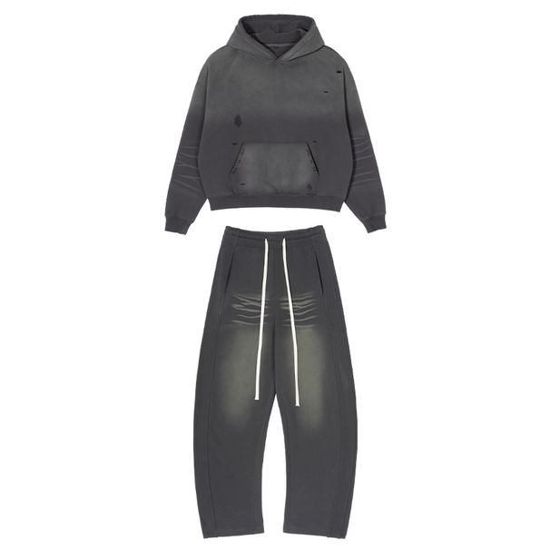 Men's Retro Loose Fit Hoodie & Jogger Set - Fleece-Lined Streetwear With Cat Whisker Design, Winter Casual Outfit For Urban Style (Grey/Black, S-XXL_viptrois.com