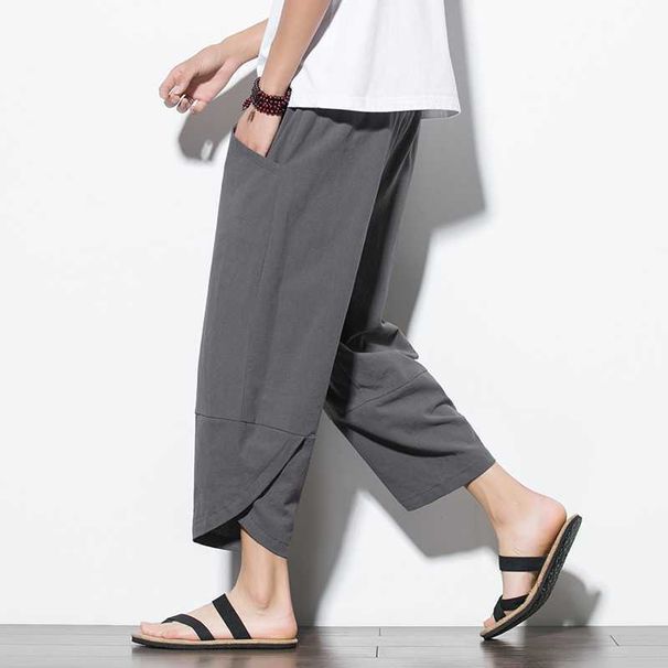 Youth Solid Color Cotton And Linen Straight Summer Men's Plus Size Loose Casual Harem Wide Leg Cropped Pants Trendy_viptrois.com