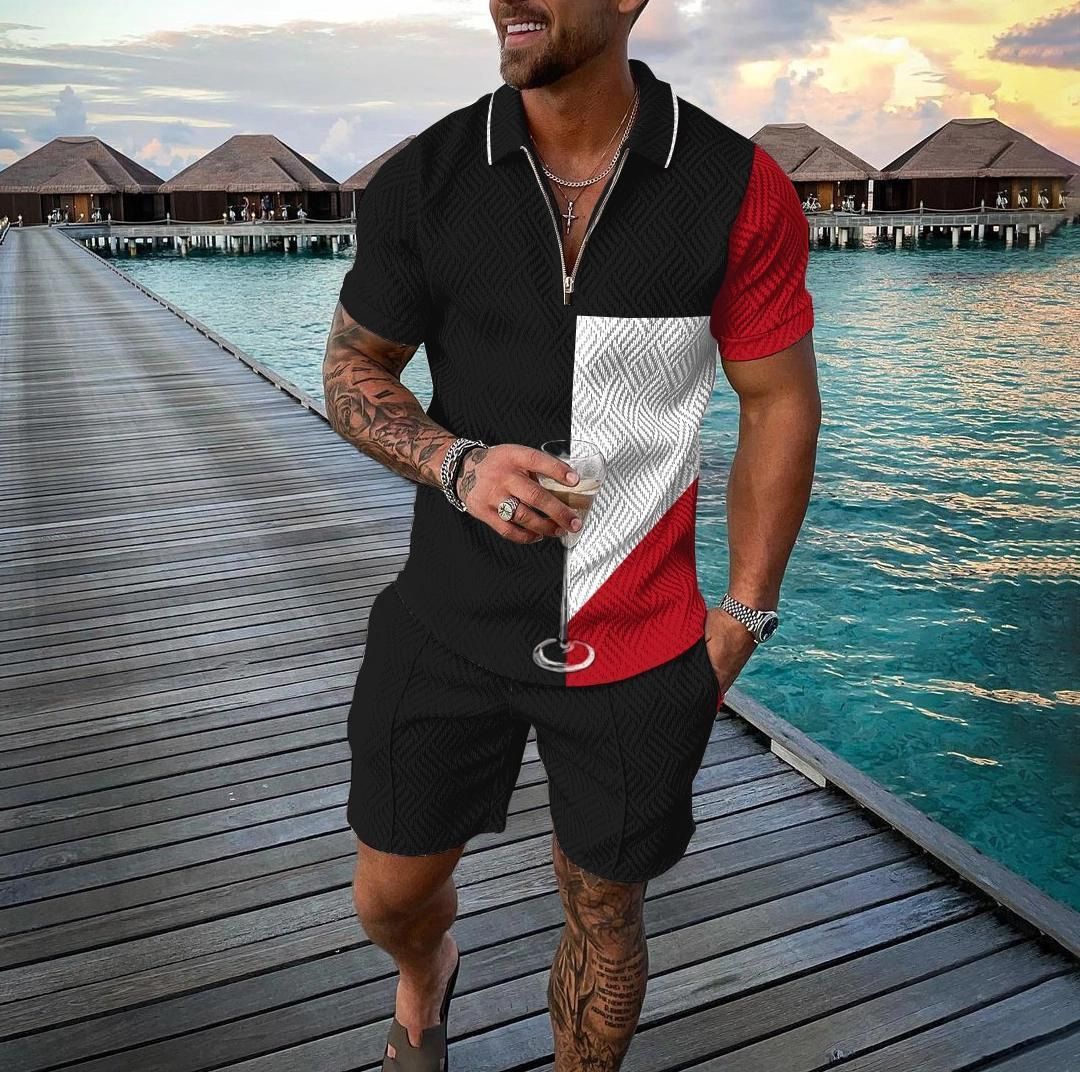 Men's Clothing Foreign Trade Cross Border Fashion Zipper Polo Shirt Suit 2023 Men's Casual 3D Printed Polo Shirt Shorts_viptrois.com