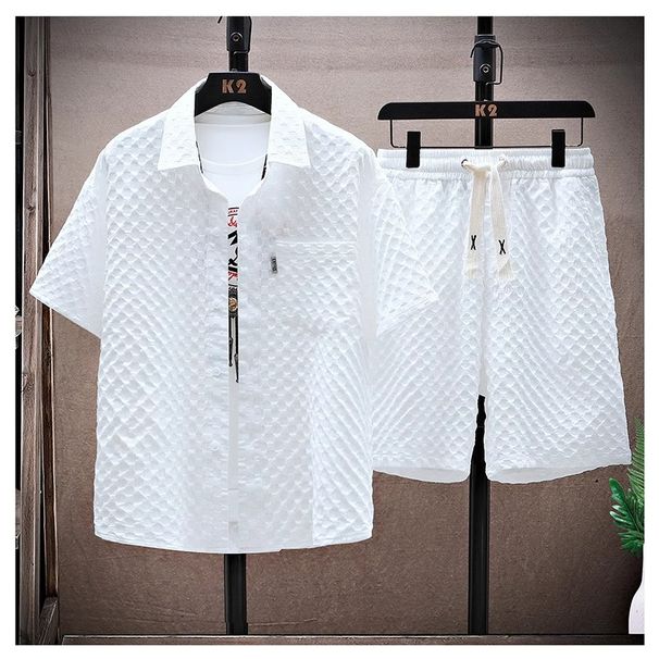Men's Clothing Summer Solid Color Ice Silk Suit Thin Sports Casual Two Piece Suit Summer Handsome Short Sleeved Shirt_viptrois.com
