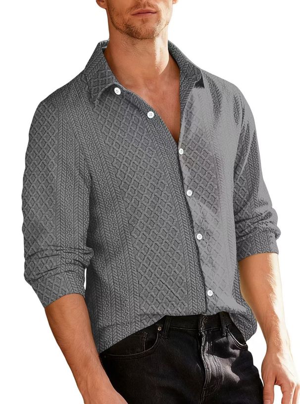 Cross-Border New Jacquard Long Sleeve Button Cardigan Jacket Solid Color Casual Sports Loose Men's Shirt_viptrois.com