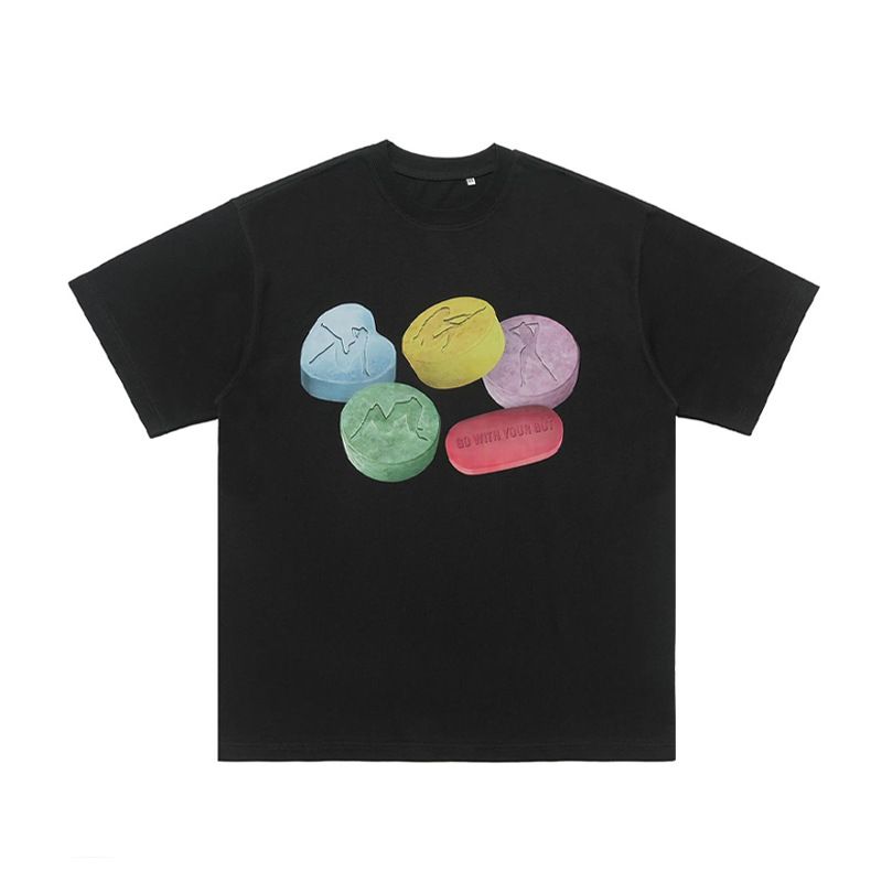 Summer Autumn American Street Style 315g Pure Cotton Five-Color Printed Crew Neck Unisex Couple Top_viptrois.com