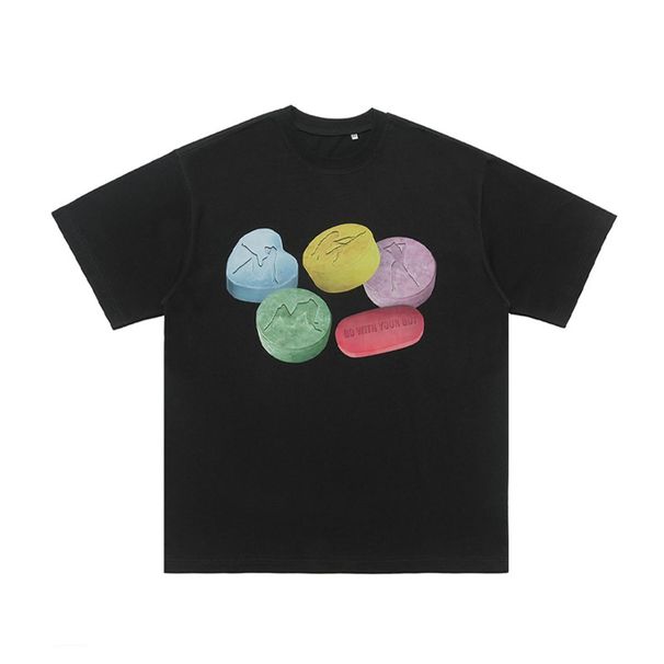 Summer Autumn American Street Style 315g Pure Cotton Five-Color Printed Crew Neck Unisex Couple Top_viptrois.com