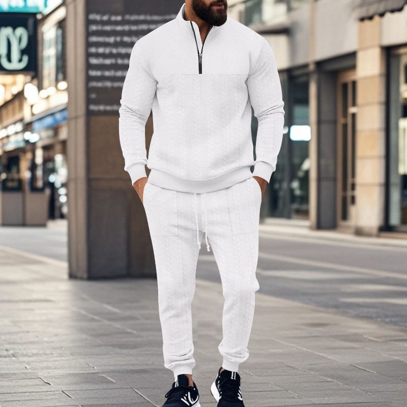 Autumn/Winter Men's Casual Sports Suit Jacquard Stand Collar Loose Fit Two Piece Set Street Wear_viptrois.com