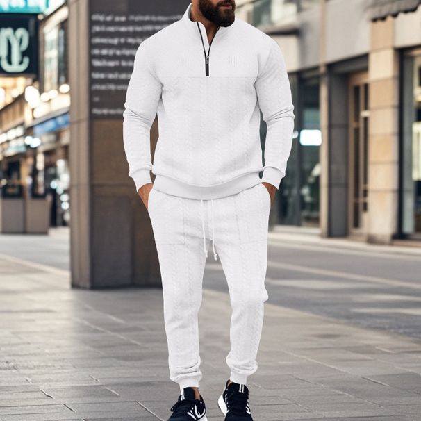 Autumn/Winter Men's Casual Sports Suit Jacquard Stand Collar Loose Fit Two Piece Set Street Wear_viptrois.com