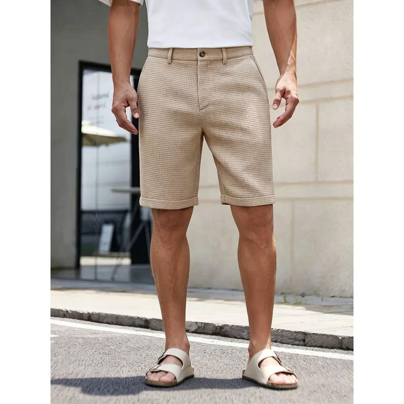 Summer Men's Knitted Waffle Shorts Casual Beach Five Point Pants Breathable Solid Color mid Waist Black Khaki Gray_viptrois.com