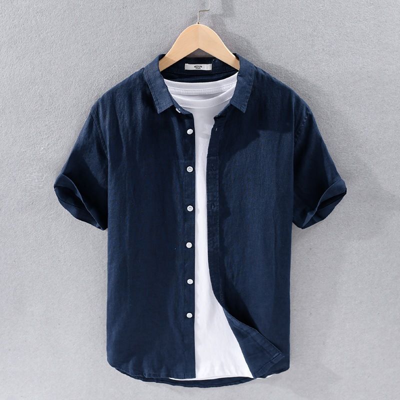 Men's 100% Linen Short Sleeve Shirt, Breathable Relaxed Fit Casual Button-Down Top For Spring And Summer_viptrois.com