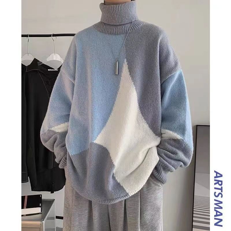 Unisex High-Neck Sweater – Oversized Drop-Shoulder Pullover (Korean Streetwear, Winter Layering, Loose Fit, Soft Polyester Knit)_viptrois.com