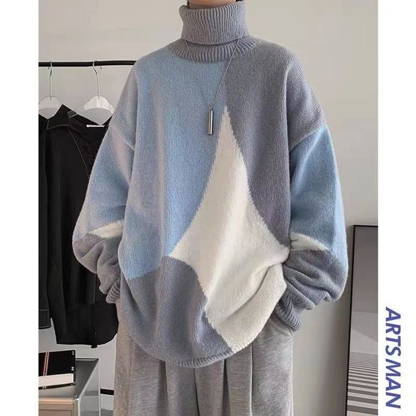 Unisex High-Neck Sweater – Oversized Drop-Shoulder Pullover (Korean Streetwear, Winter Layering, Loose Fit, Soft Polyester Knit)_viptrois.com