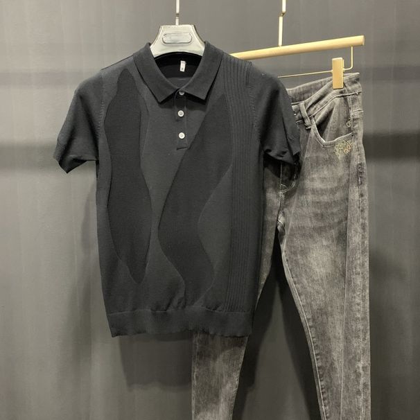 Men's Clothing Men's Short Sleeved Knitted Polo Shirt Ice Silk Thin Slim Lapel Summer Light Mature Casual Solid Color Top Versatile Trend_viptrois.com