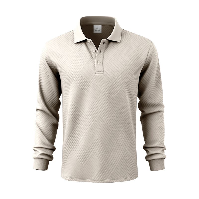 Men's Casual Long Sleeve Polo Shirt With Button-Down Collar & Jacquard Texture – Relaxed Fit, Solid Color, Breathable Fabric For Everyday Wear_viptrois.com