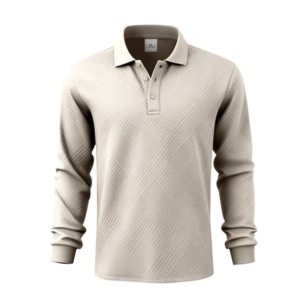 Men's Casual Long Sleeve Polo Shirt With Button-Down Collar & Jacquard Texture – Relaxed Fit, Solid Color, Breathable Fabric For Everyday Wear_viptrois.com
