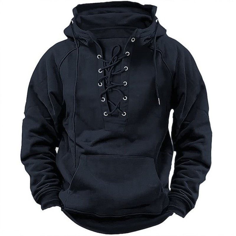 Men's Clothing Outdoor Retro Lace Up Hooded Long Sleeved T Shirt Autumn Casual Tops_viptrois.com