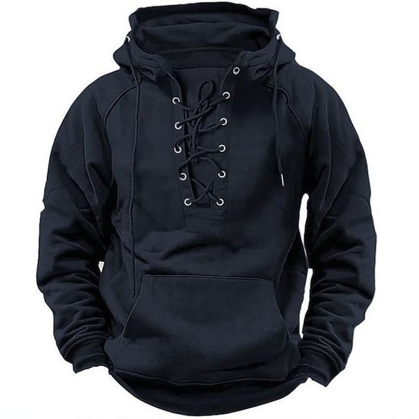 Men's Clothing Outdoor Retro Lace Up Hooded Long Sleeved T Shirt Autumn Casual Tops_viptrois.com