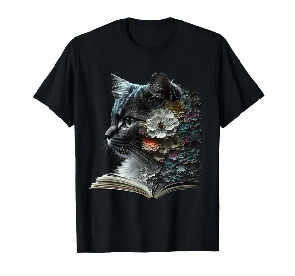 Cat Art Book Cat Motif Flowers Cat T-Shirt Mens Womens Tees Top_viptrois.com