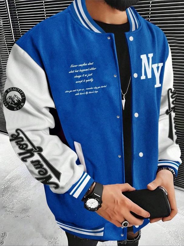 Men's Letter Print Baseball Jacket – Oversized Varsity Bomber With Stand Collar (XS-3XL, 8 Colors, 100% Polyester, Punk Streetwear)_viptrois.com