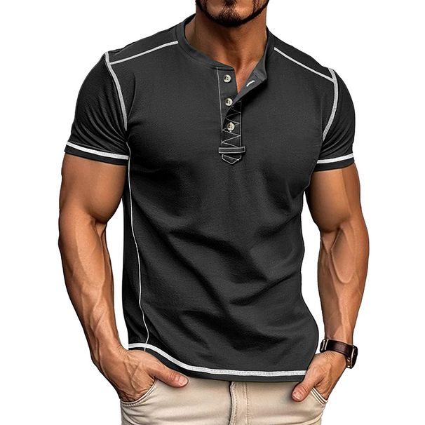 Men's Clothing Men's Short Sleeve Henry Shirt Men's Round Neck T Shirt 3 Button Top Men_viptrois.com