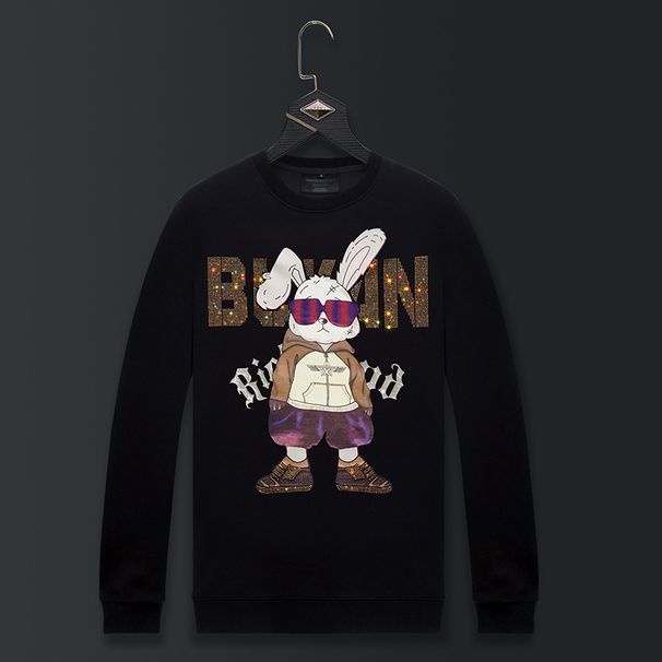 Men's Clothing New Trendy Brand Hot Diamond Print Rabbit Black Round Neck Large Size Handsome Long Sleeve Jacket_viptrois.com