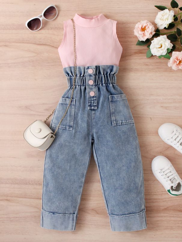 Mother & Kids Children's Clothing Girls Summer Pit Solid Color Sleeveless Off Shoulder Pullover Ripped Denim Trousers Two Piece Set_viptrois.com