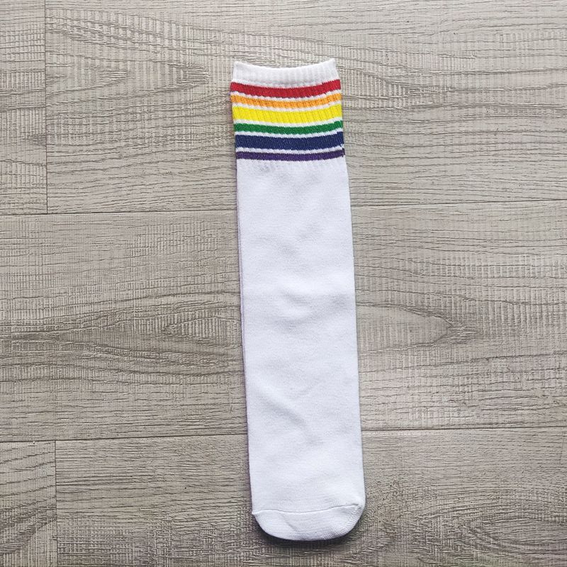 Fashion Socks For Children White Colorful Rainbow Striped Mid Tube Cotton Socks Hip Hop Style Matching Socks Student Performance Socks_viptrois.com