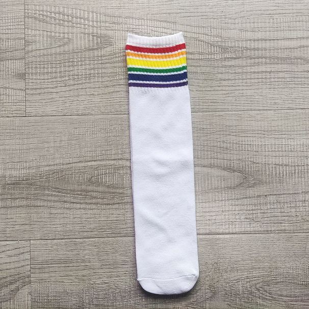 Fashion Socks For Children White Colorful Rainbow Striped Mid Tube Cotton Socks Hip Hop Style Matching Socks Student Performance Socks_viptrois.com