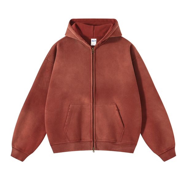 Men's Clothing Vintage Washed Fleece Hoodie – Oversized Streetwear Pullover With Dual-Zip Closure, 360g Cotton Blend, Acid Wash & Spray-Dye Colors_viptrois.com