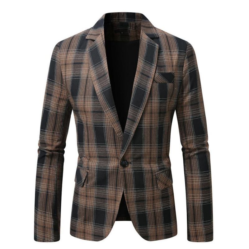 Men's Casual Blazer Single Button Loose Fit Plaid Print Business Casual Jacket For Youth_viptrois.com