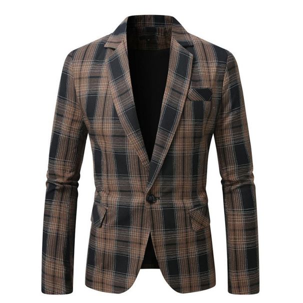 Men's Casual Blazer Single Button Loose Fit Plaid Print Business Casual Jacket For Youth_viptrois.com