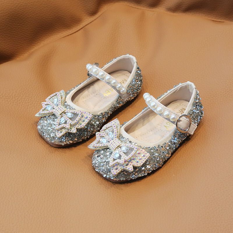 Girls' Princess Shoes Korean Style 2023 Spring and Autumn New Arrival Girls' Bow Single-Layer Shoes Fashion Flash Diamond Girl's Crystal Shoes_viptrois.com