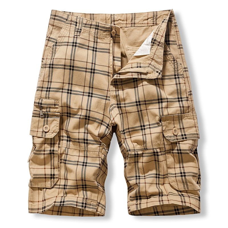 Men's Clothing Workwear Shorts Men Summer Trend Sports Men's Clothing Washed Cotton Plaid Multi Pocket Six Point Casual Pants_viptrois.com