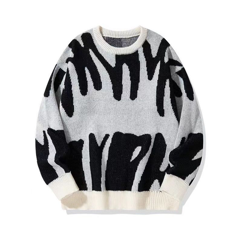 Men's Stylish Jacquard Knit Sweater - Loose Fit Round Neck Long Sleeve Pullover For Teens & Adults (Black/White, Grey/Black, Cream/Brown, Blue/White)_viptrois.com