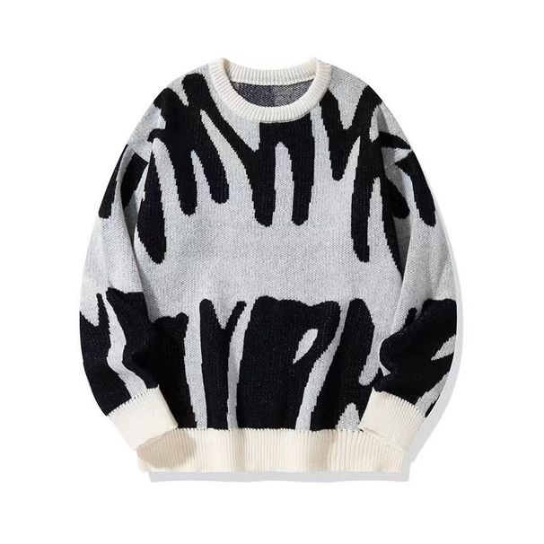 Men's Stylish Jacquard Knit Sweater - Loose Fit Round Neck Long Sleeve Pullover For Teens & Adults (Black/White, Grey/Black, Cream/Brown, Blue/White)_viptrois.com