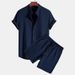 Men's Casual Short Sleeved Shirt And Shorts Set Solid Color Fashion Multi Color Bamboo Wrinkle_viptrois.com