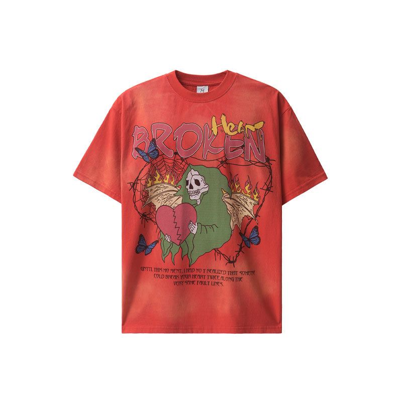 Paint Washed Direct Spray Graffiti Small Flame Heart Skull Couple Casual Loose T-Shirt For Men_viptrois.com
