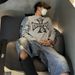 Cross Border Trendy Brand Wcc American Retro Vintage Sanskrit Waffle Long Sleeved Couple Men Loose T Shirt_viptrois.com
