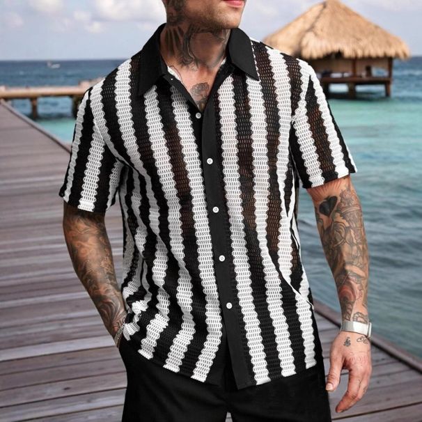 Men's Clothing New Summer Black And White Striped Short Sleeves Comfortable Casual_viptrois.com