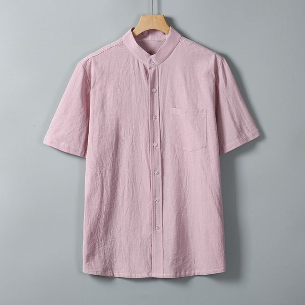 Summer Short Sleeve Cotton Linen Shirts Men Solid Casual Stand Collar Shirt Male Breathable Loose Daily Blouse Tops Plus Size_viptrois.com