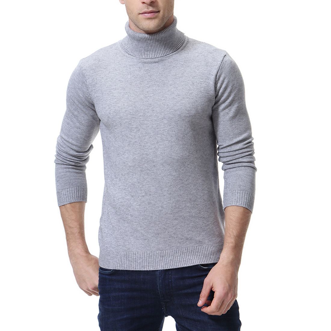 Men's Solid High Neck Knit Sweater – Slim Fit Cotton-Blend Pullover (Breathable, Wrinkle-Resistant, 6 Classic Colors, Winter Casual Wear, )_viptrois.com