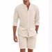 Men's Clothing Summer Two Piece Set Polyester Button Shirt Long Sleeve Shorts Cardigan Simple Casual Beach Wear_viptrois.com