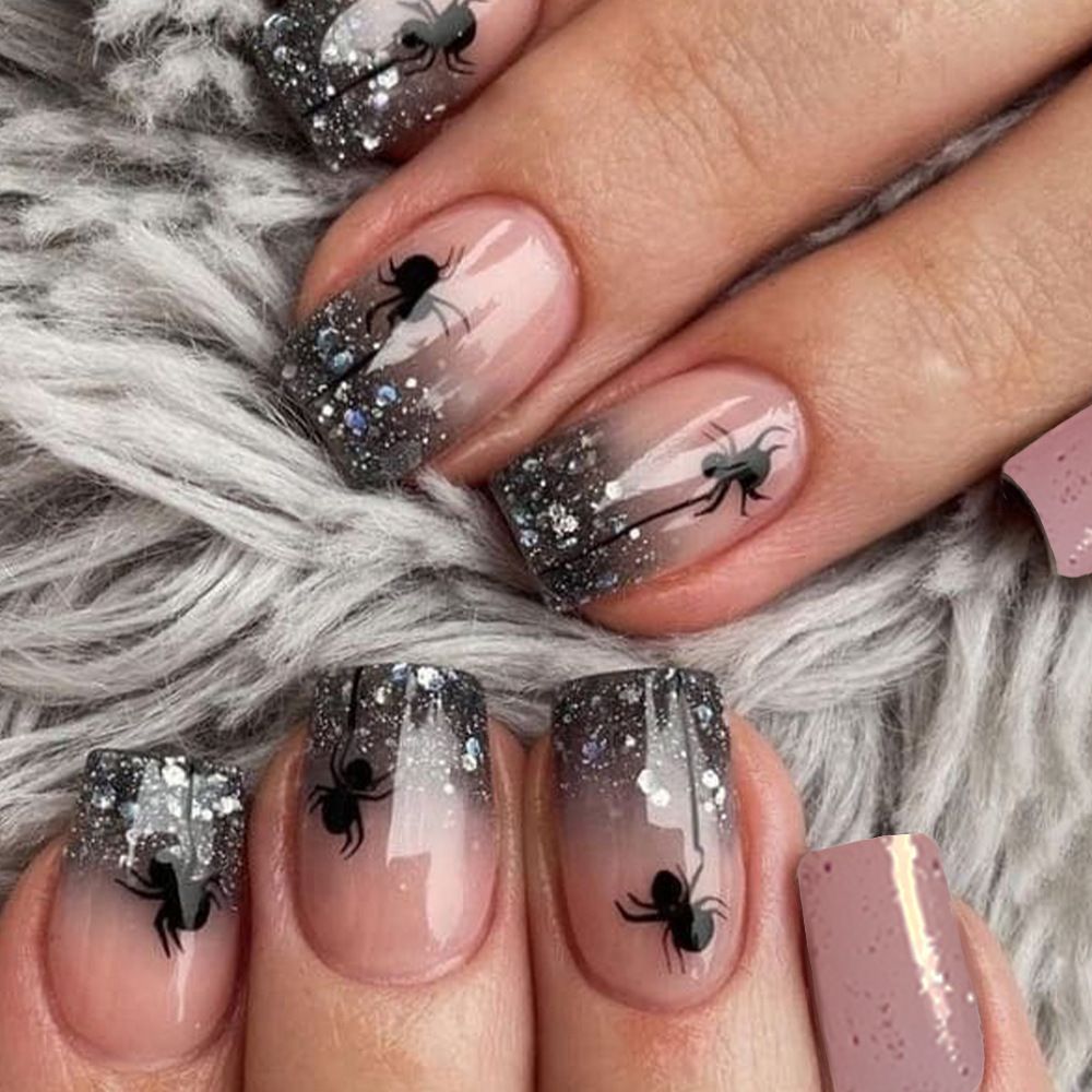 False Nails Halloween Chinese Nails Shiny Spider Halloween Elements False Nails Detachable Finished Wearable Nails Holiday Nail Art_viptrois.com